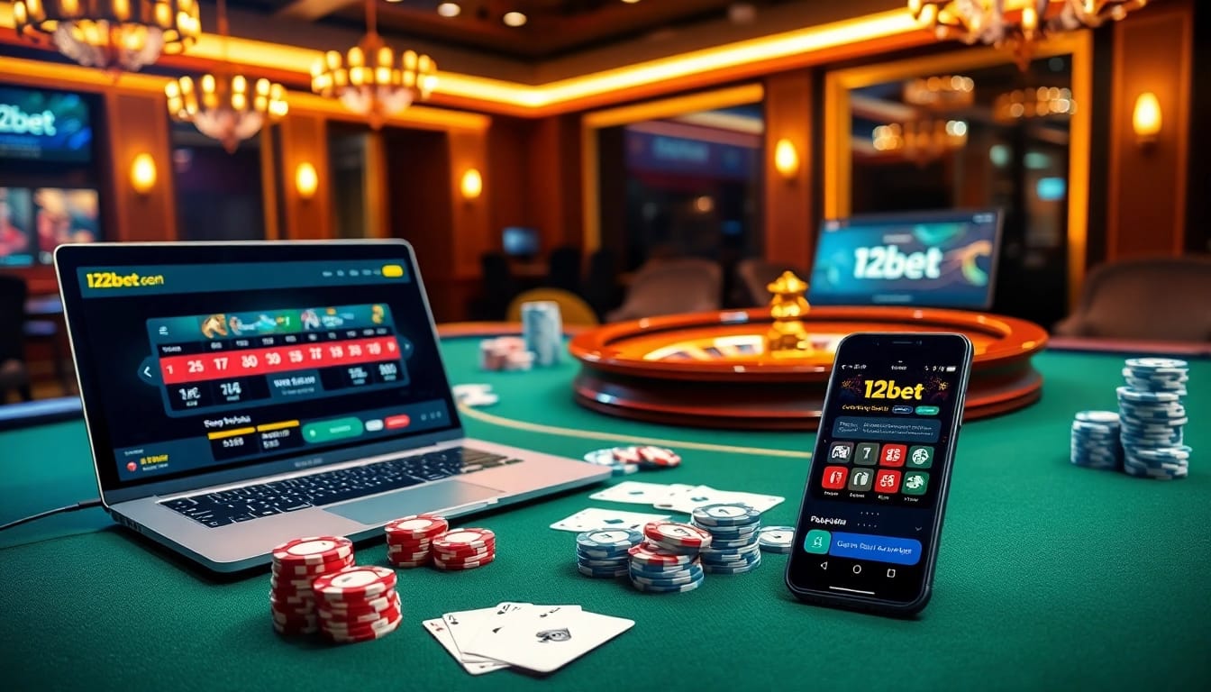 Experience the thrill of online gambling with link 12bet highlighted alongside a poker scene and gaming interface.