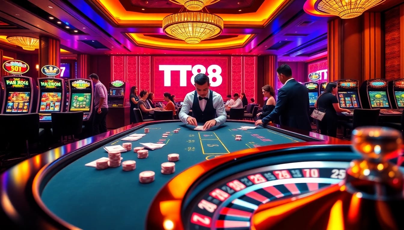TT88 poker players enjoying high-stakes action at a luxurious casino table.