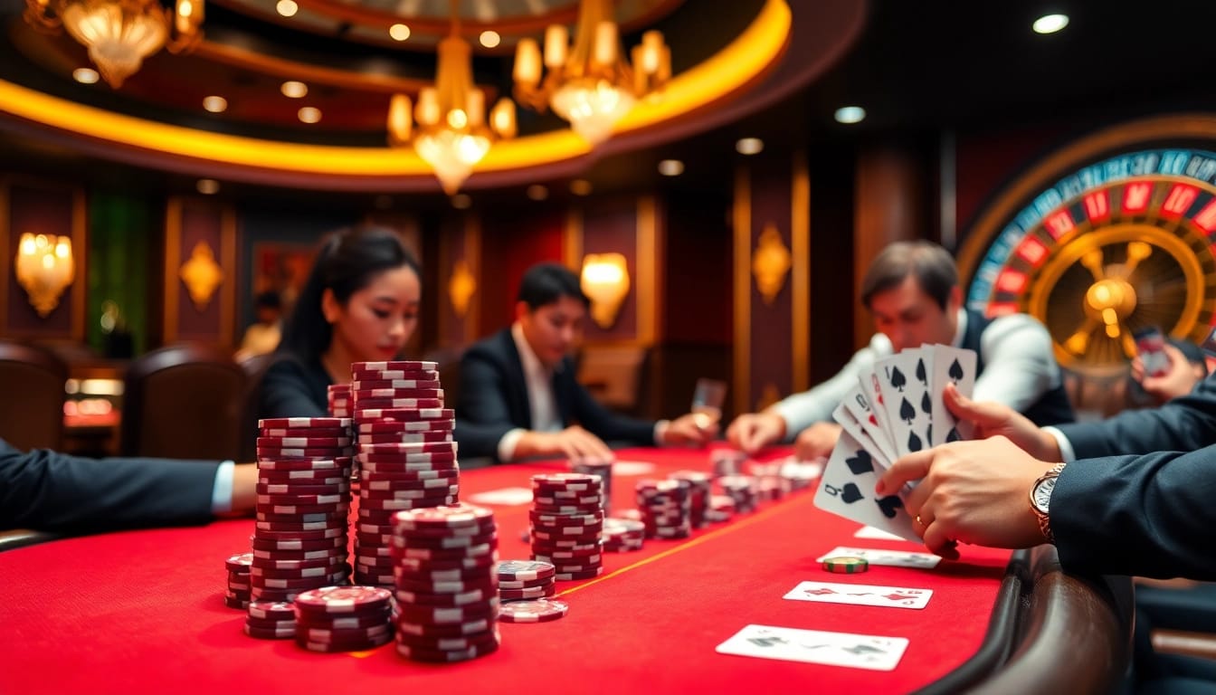 Strategic poker gameplay at the luxurious casino 888new.com with vibrant chips and cards.