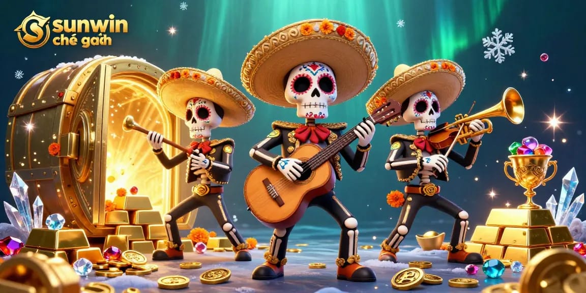 Experience vibrant gaming with sunwin chính hãng as mariachi skeletons play amidst treasures in a lively casino scene.