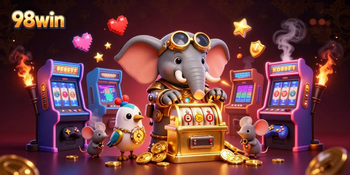 Engage in thrilling gameplay at 98win with a vibrant steampunk-themed casino adventure highlighting slot machines and more.