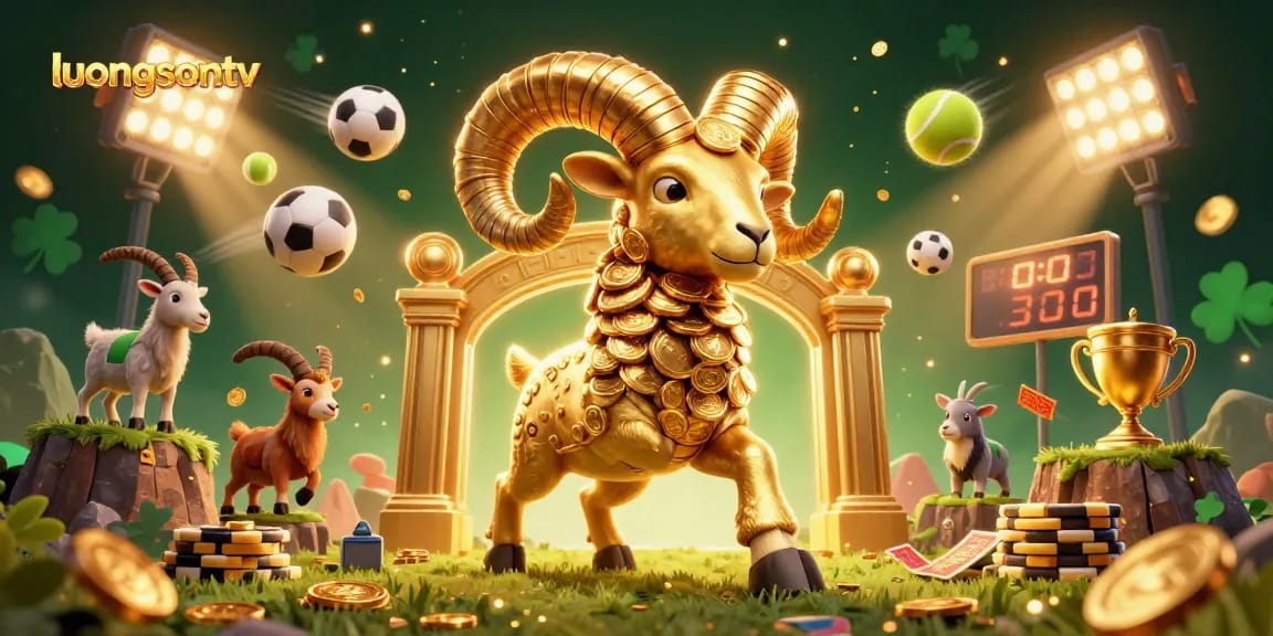 Experience thrilling sports action with luongsontv in a dynamic 3D illustration featuring golden symbols of victory and sports excitement.