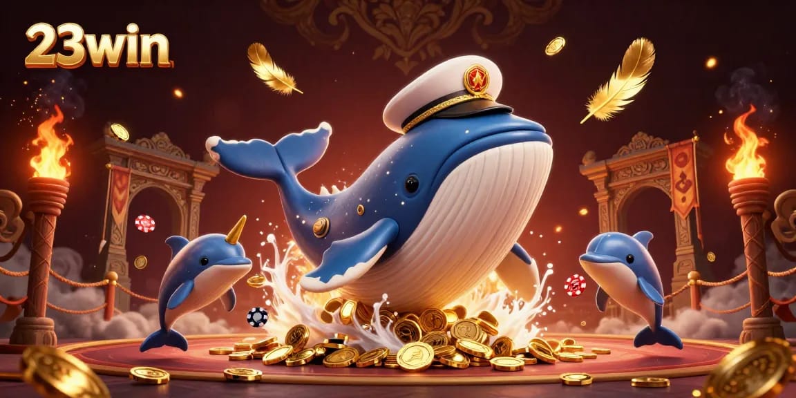 Experience the excitement of 23win with a vibrant 3D casino scene featuring playful characters and gold elements.