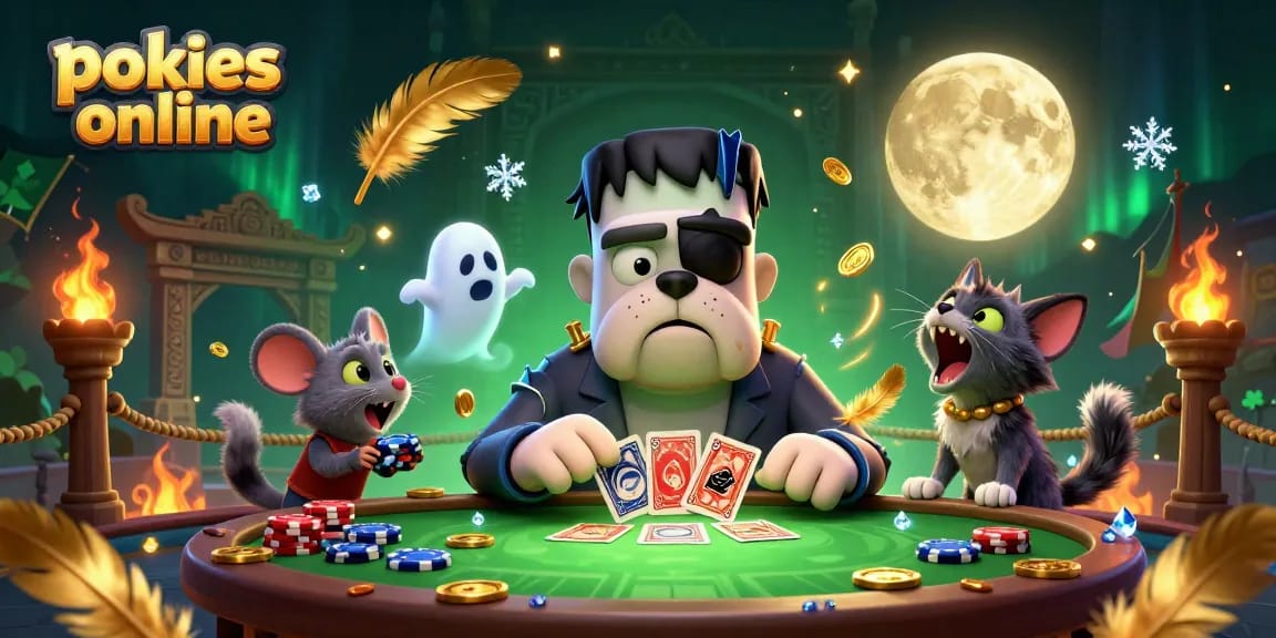 Experience pokies online with a cartoon Frankenstein bulldog dealing cards amidst a thrilling casino scene.