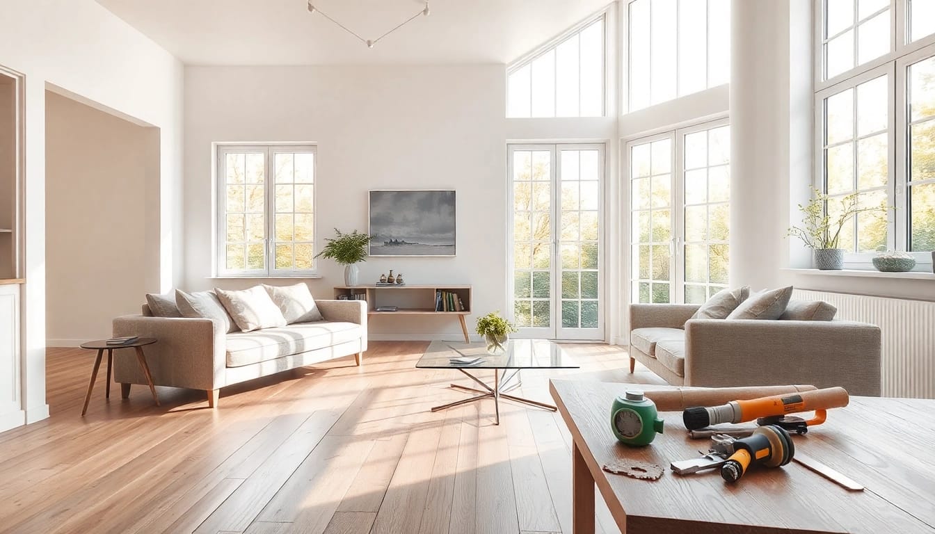 Helles Wohnzimmer nach einer gelungenen Hausrenovierung mit neuem Fußboden und moderner Einrichtung.