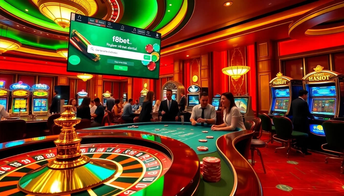 Gamblers enjoying games at a luxury casino while discovering bonuses at https://f8bet.dental/