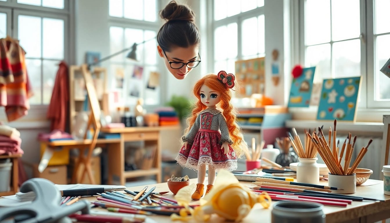 Gestaltung von einzigartigen Gutdolls aus bunten Materialien in einem hellen Atelier.