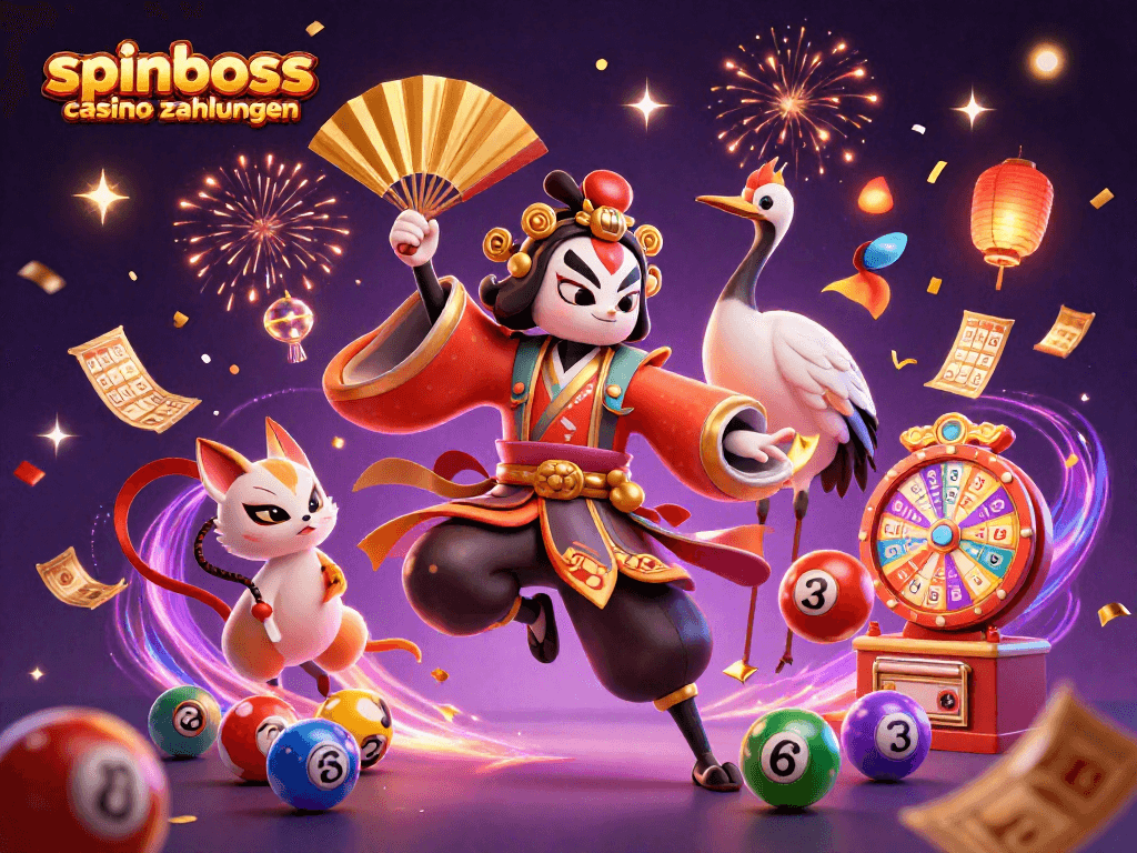 Spinboss Casino Zahlungen: 3D Illustration mit Kranich-Krieger und Glücks-Essenzen für Einzahlungen.