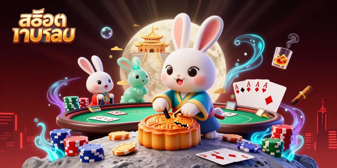 Engage with สล็อตเว็บตรง as a moon rabbit reveals poker chips from mooncakes in a vibrant casino setting.