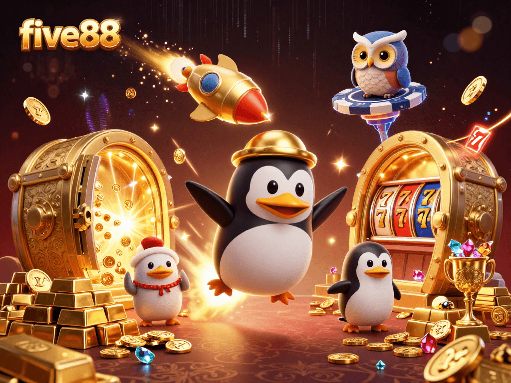 Experience the thrill of five88 as the golden penguin soars past a vibrant casino space station.