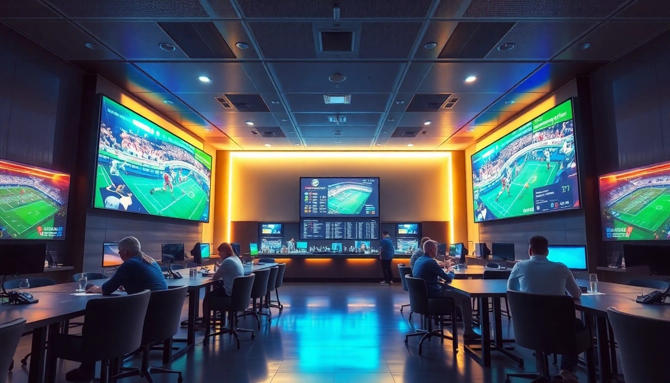 Entdecken Sie sportwetten ohne limit in einem modernen Wettbüro mit spannenden Sportereignissen und lebendigen Bildschirmen.