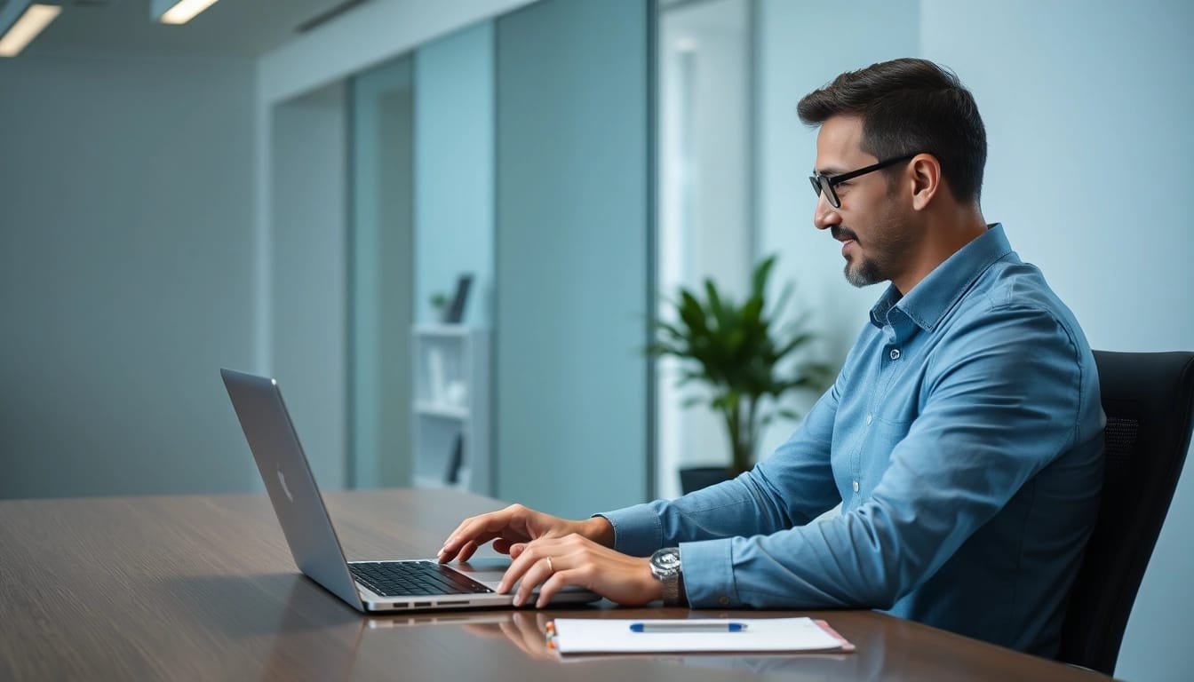 Executive Search Vertrieb in Aktion: Ein Headhunter führt ein Gespräch mit einem potenziellen Kandidaten am Schreibtisch.