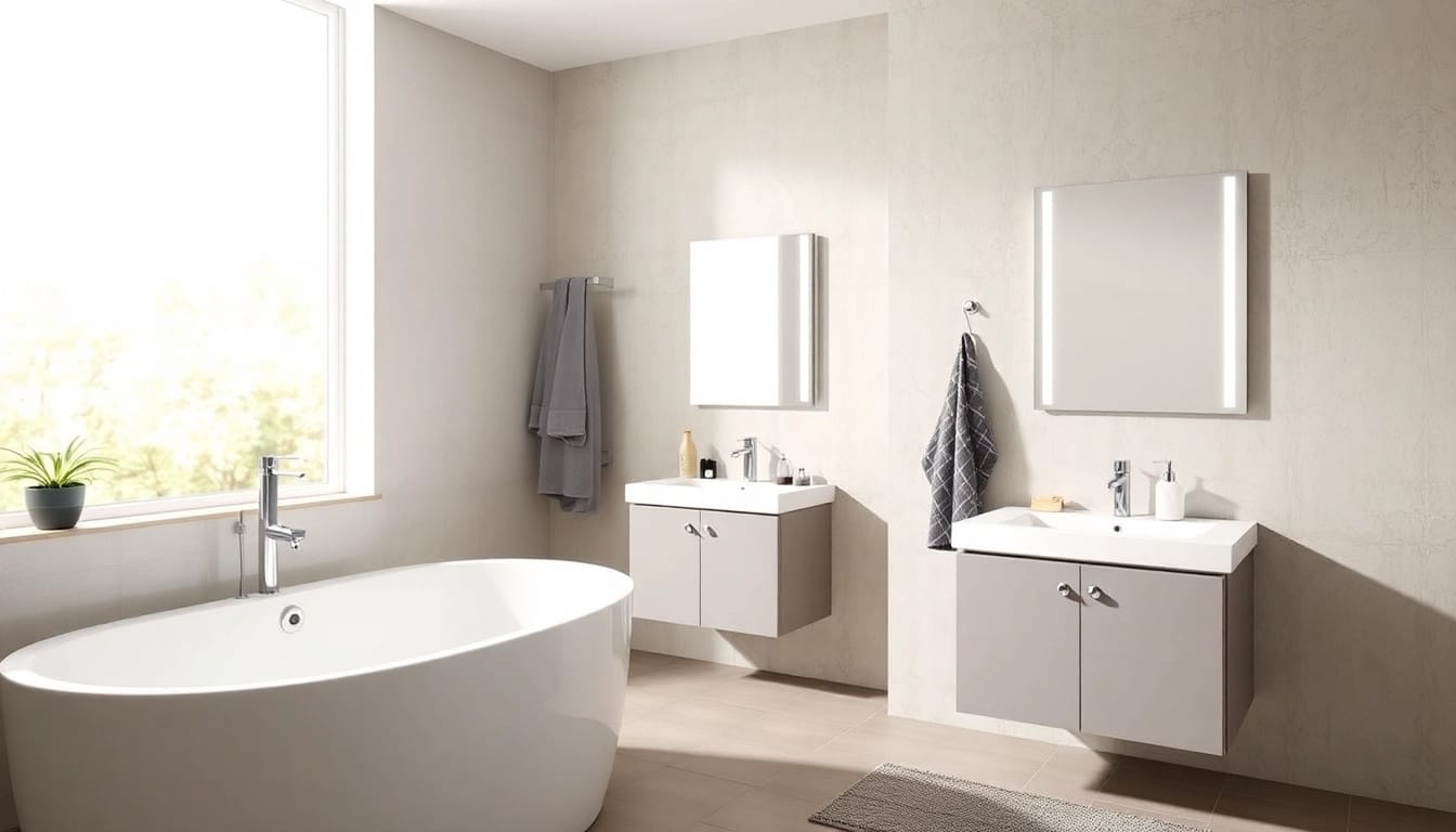Luxuriöses Badezimmer mit Produkten von sonni sanitär GmbH, darunter moderne Duschkabine und elegante Badmöbel.