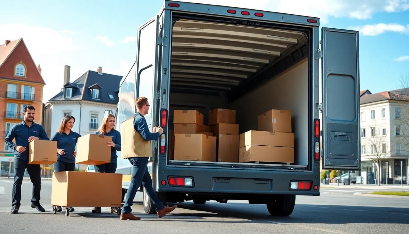 Professionelle Umzugshelfer von einem Umzugsunternehmen Saarbrücken laden Möbel in einen modernen Transporter für einen stressfreien Umzug.