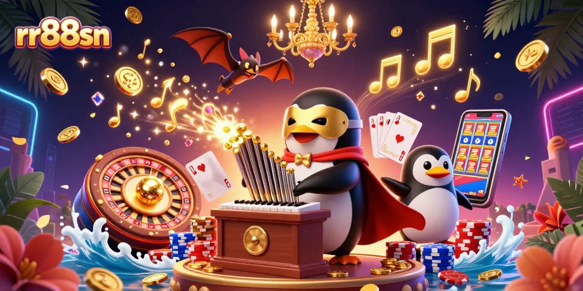 Experience thrilling gameplay at rr88sn with golden coins cascading from a 3D penguin organ