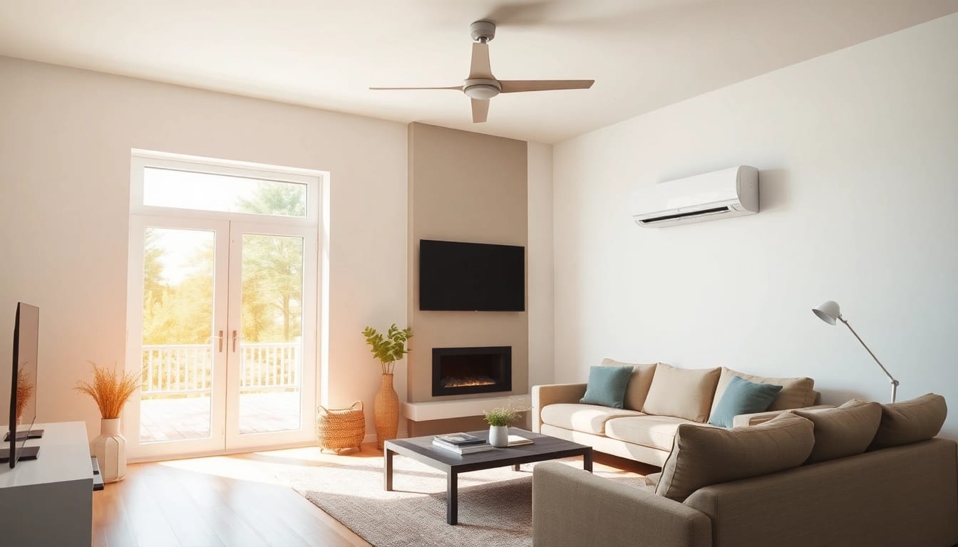 Klimaanlage kaufen: Genießen Sie den Komfort einer stilvollen Klimaanlage in einem hellen, modernen Wohnzimmer.