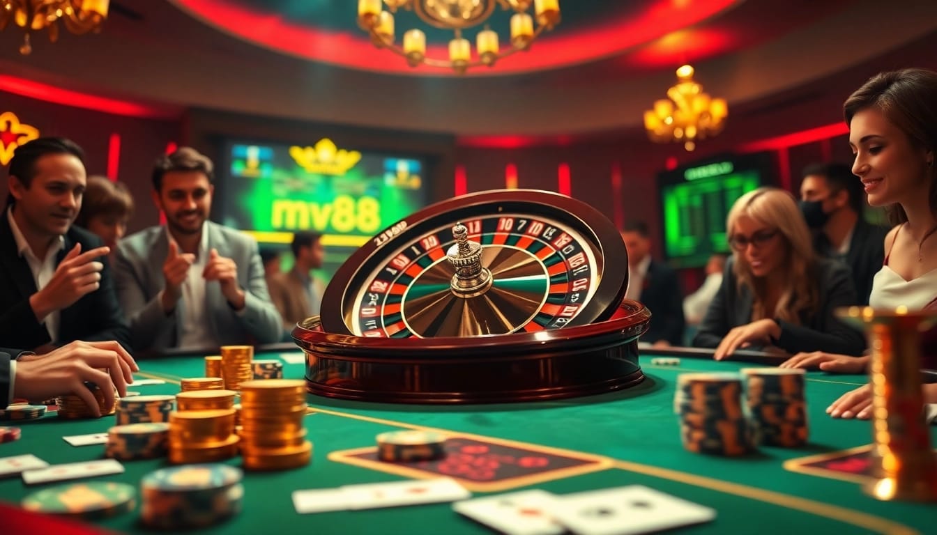 Players engaging with mv88's online gambling features at a luxurious casino table.