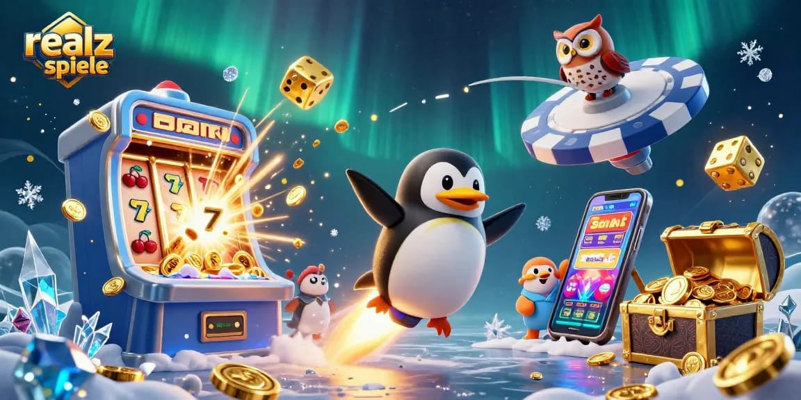 Realz Casino Spiele: Grafik mit Glücksspiel-Symbolen und einem goldenen Pinguin im Casino-Szenario