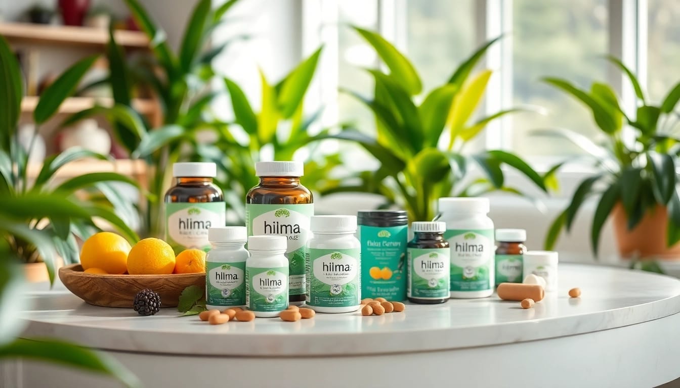 Hilma biocare Produktpräsentation mit lebendigen natürlichen Elementen für Gesundheit.