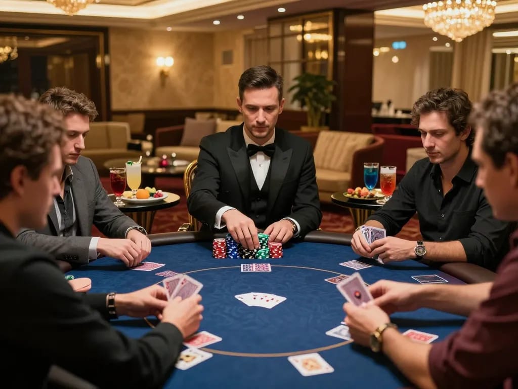 Engagierte Spieler in einem hochriskanten Pokerspiel in einem luxuriösen Casino, die die strategischen Einblicke von Immobilienmakler Frankfurt Preungesheim hervorheben.