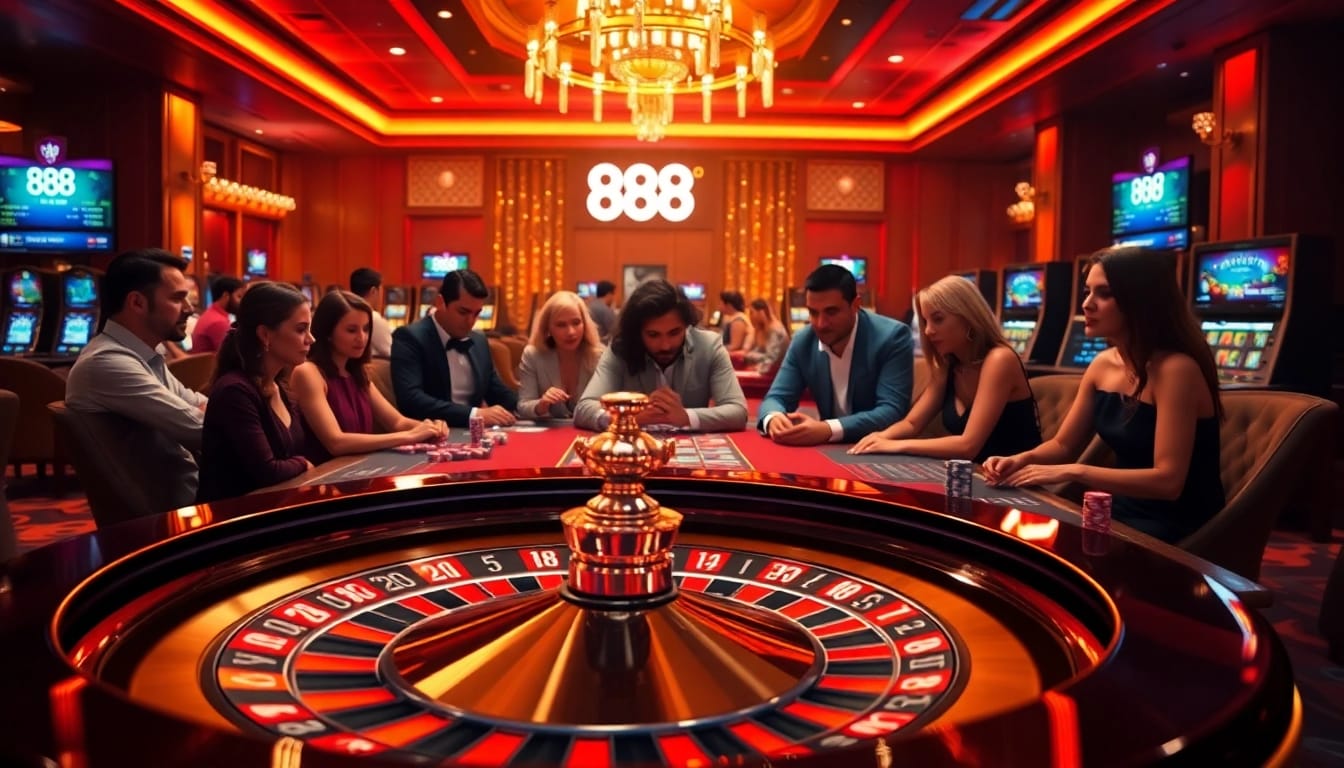 Experience thrilling gaming at 888NEW casino, featuring dynamic poker tables and vibrant slot machines.