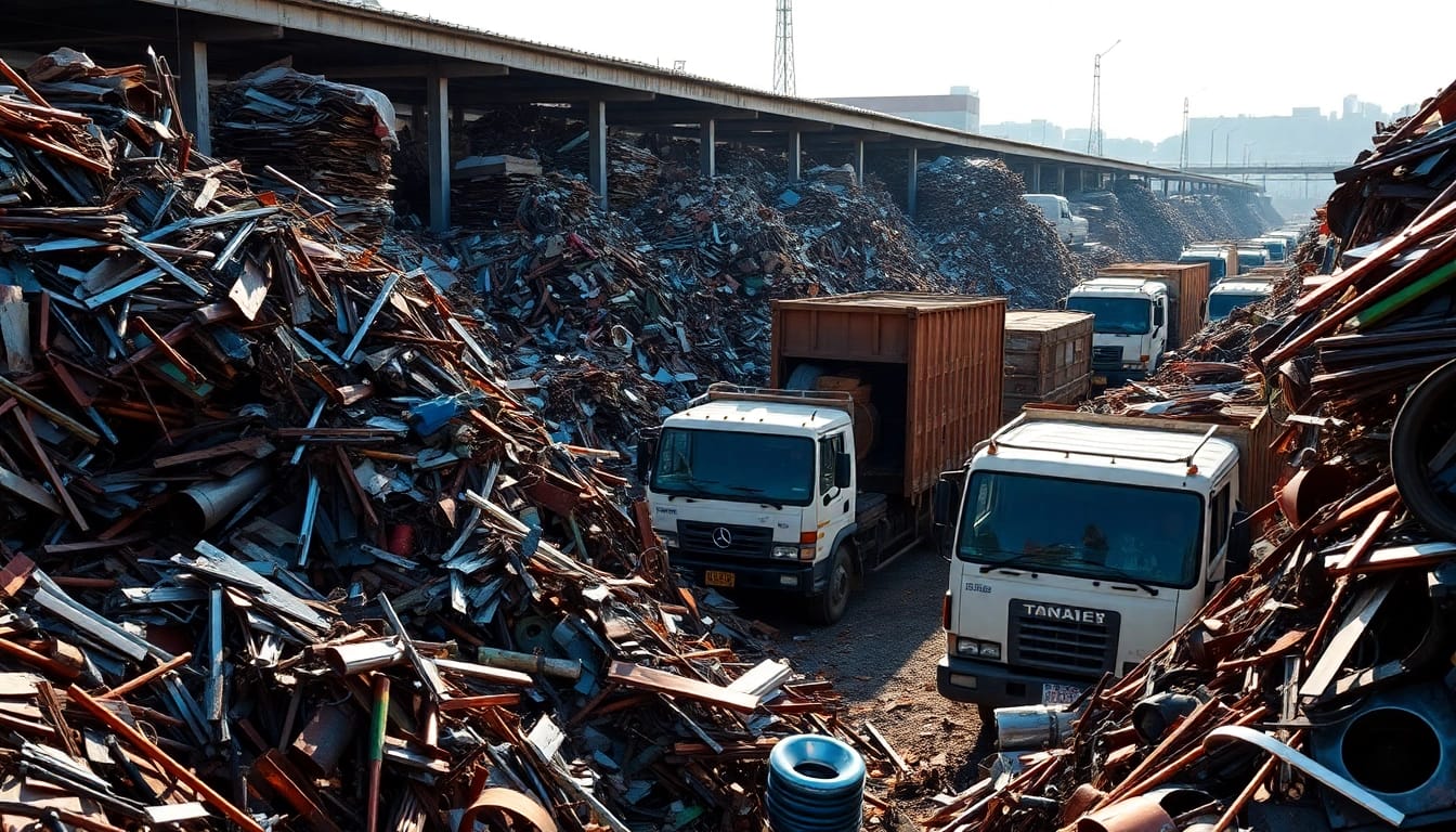 Experience fast Schrottabholung Remscheid as workers efficiently process and value various metals in a vibrant scrap yard.