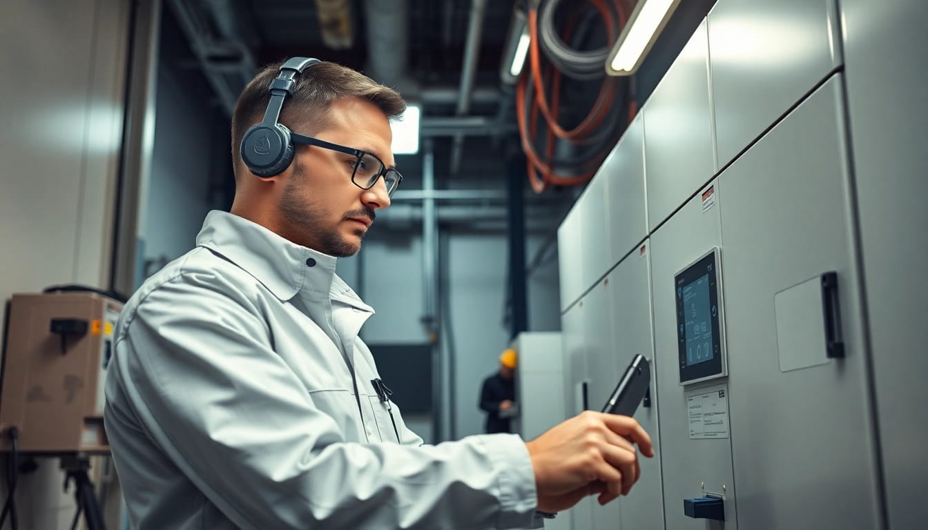 Elektriker bei der DGUV V3 Prüfung elektrischer Geräte in einem technischen Raum.