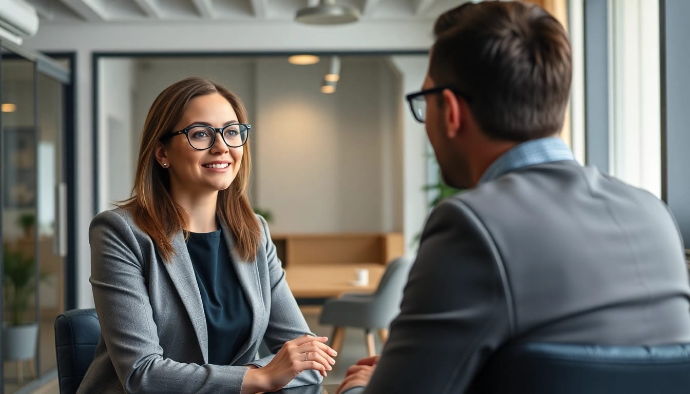 Headhunter interviewing a candidate in a modern office, emphasizing professionalism and engagement.