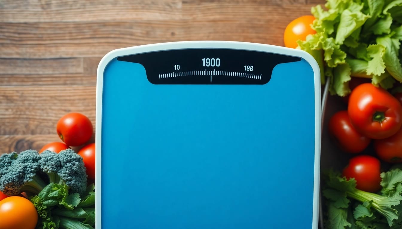 Gewichtsverlust sichtbar gemacht: Digitale Waage zeigt Abnahme und gesunde Ernährung mit frischem Obst im Hintergrund.