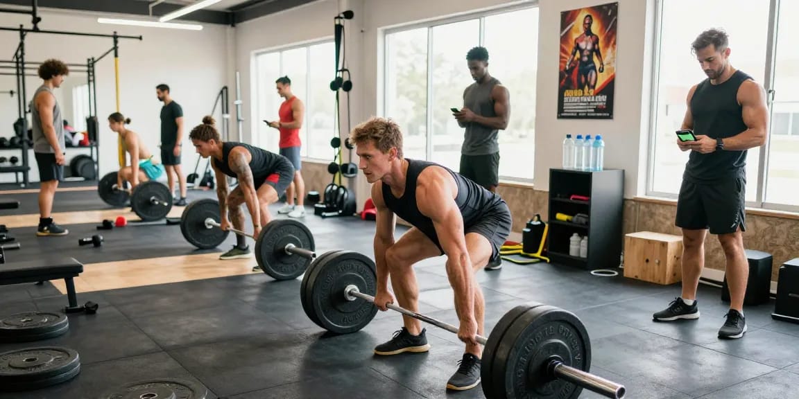 Dynamic gym environment at an Anabolika Shop, showcasing bodybuilders lifting weights and tracking workouts.