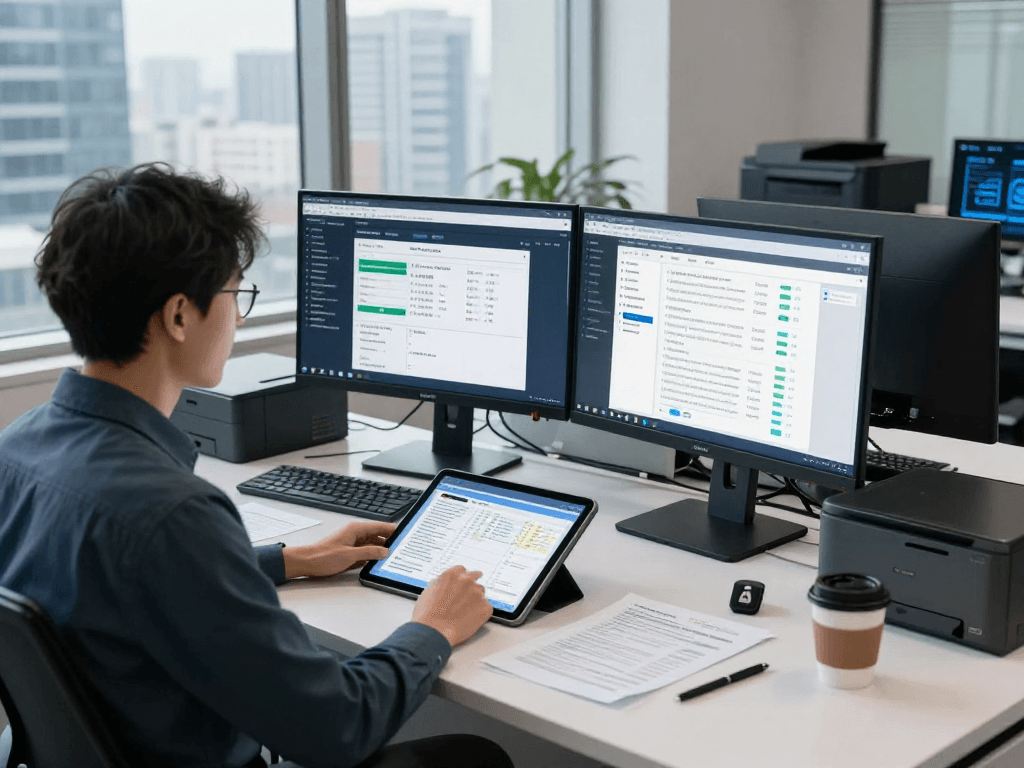 Document fraud detection setup featuring an analyst reviewing data insights in a modern office.