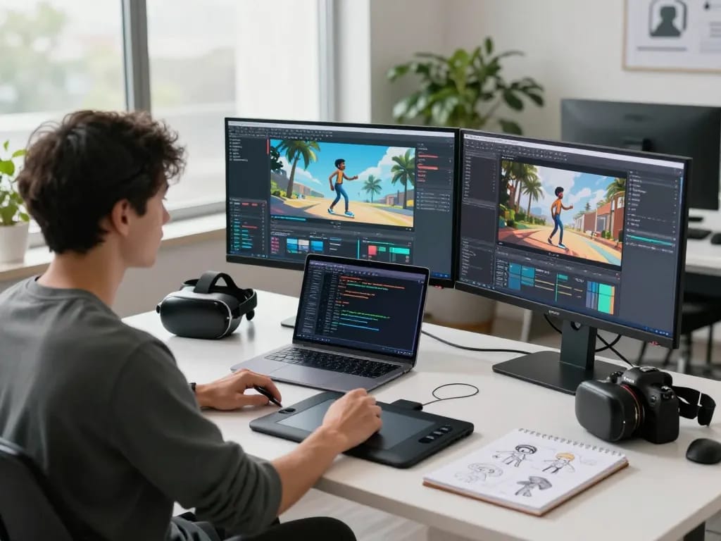 AI motion control ai workspace with video technician animating characters using advanced technology.