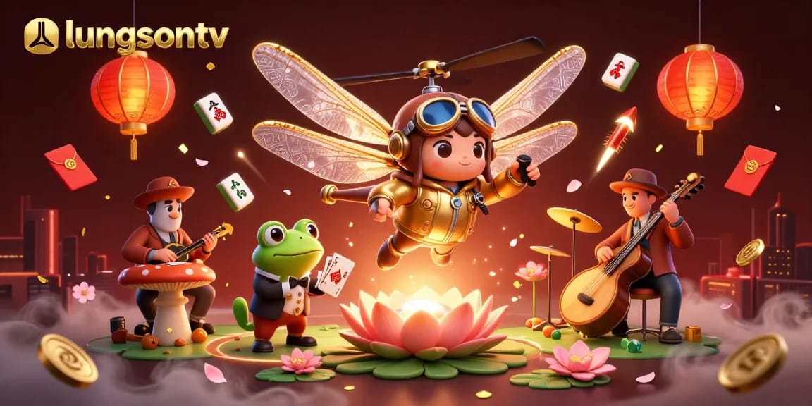 Experience the vibrant energy of luongsontv with a dynamic illustration of a dragonfly pilot and frog croupier amidst casino elements.