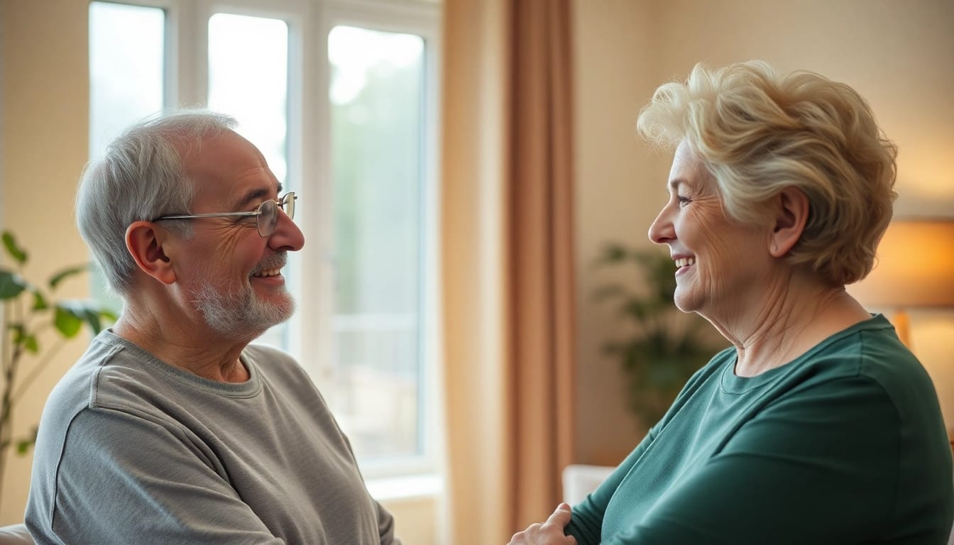 Pflegekraft des ambulanten Pflegediensts in Köln hilft einem Senior im Wohnzimmer.