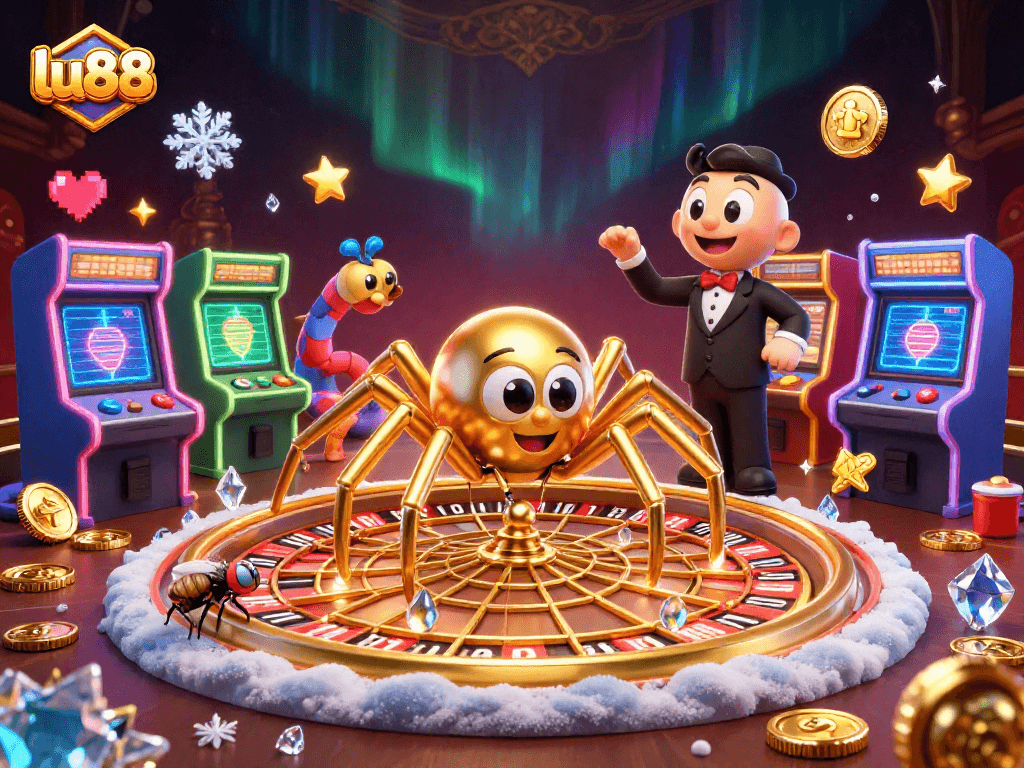 Experience the thrill of betting at lu88 while interacting with a golden spider and its web roulette wheel.