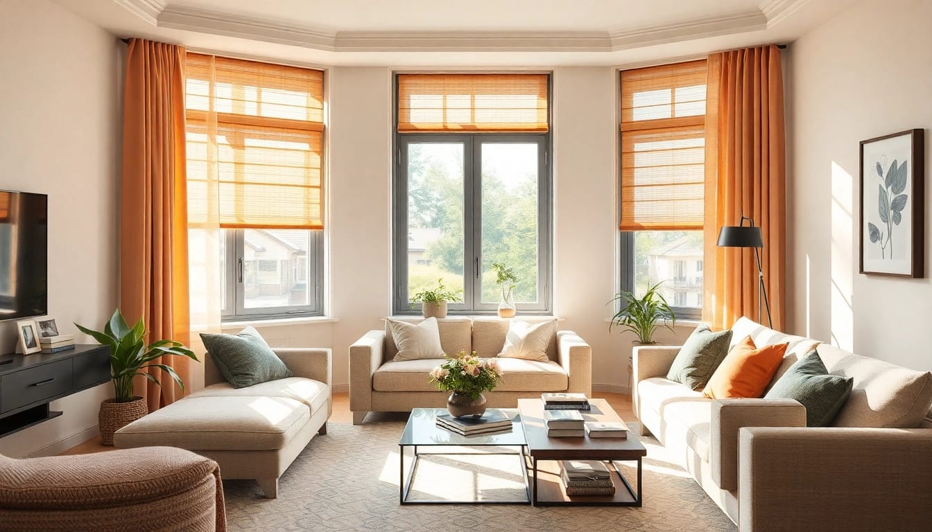 Entdecken Sie Plissee Maßanfertigung in einem eleganten und modernen Wohnzimmer mit warmen Farbtönen und harmonischer Fensterdekoration.