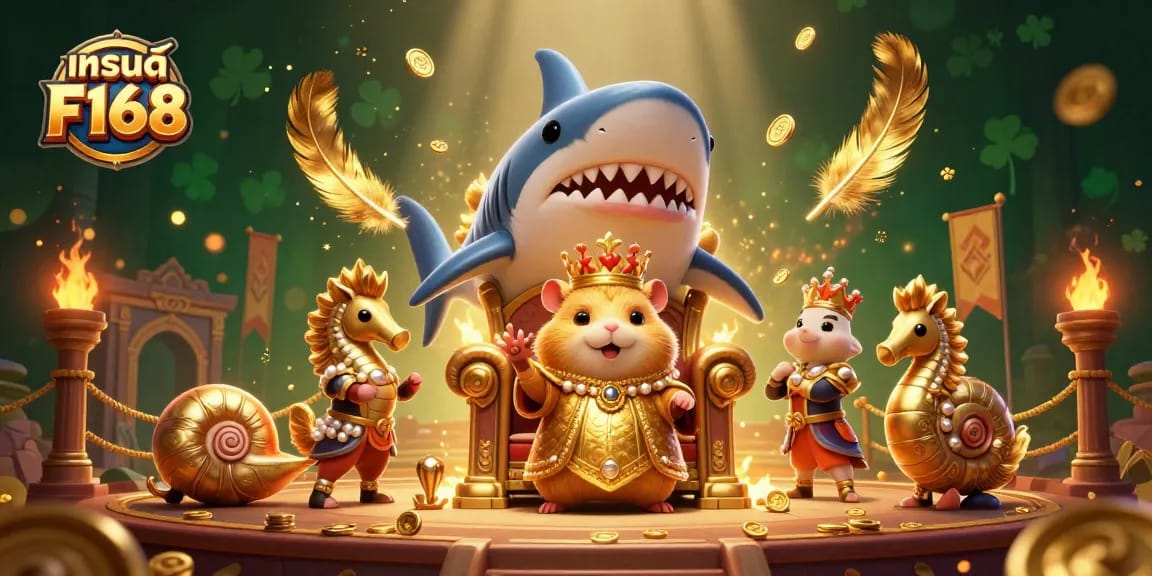 Experience the thrill of gambling with the unique flair of แบรนด์ F168 as the golden hamster king reigns over a vibrant underwater casino scene.