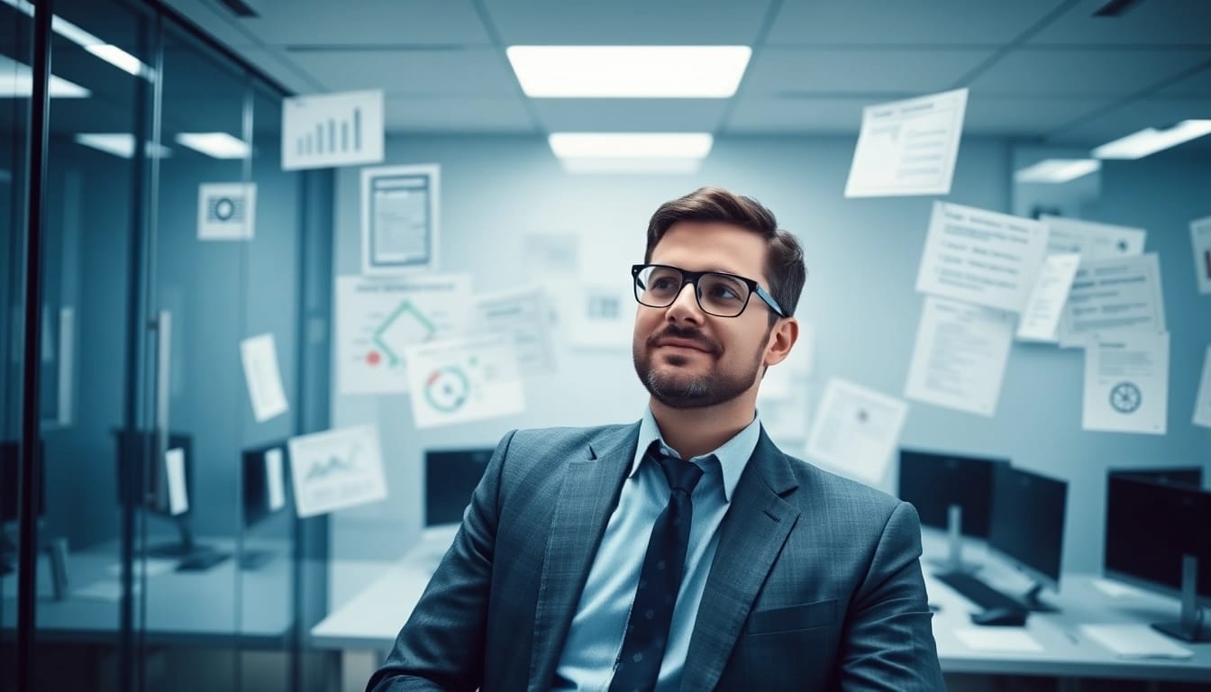 Headhunter analysiert Bewerbungsunterlagen in einem modern beleuchteten Büro.