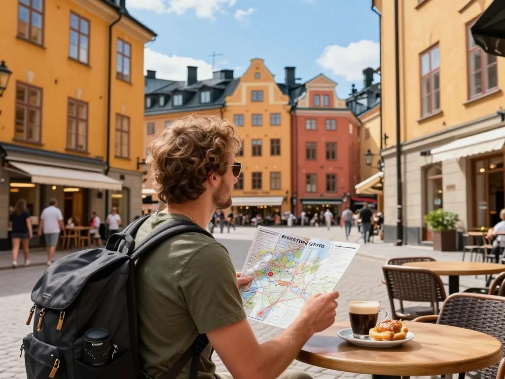 Reisetipps Stockholm: Reisender genießt einen Café-Moment im pulsierenden Gamla Stan.