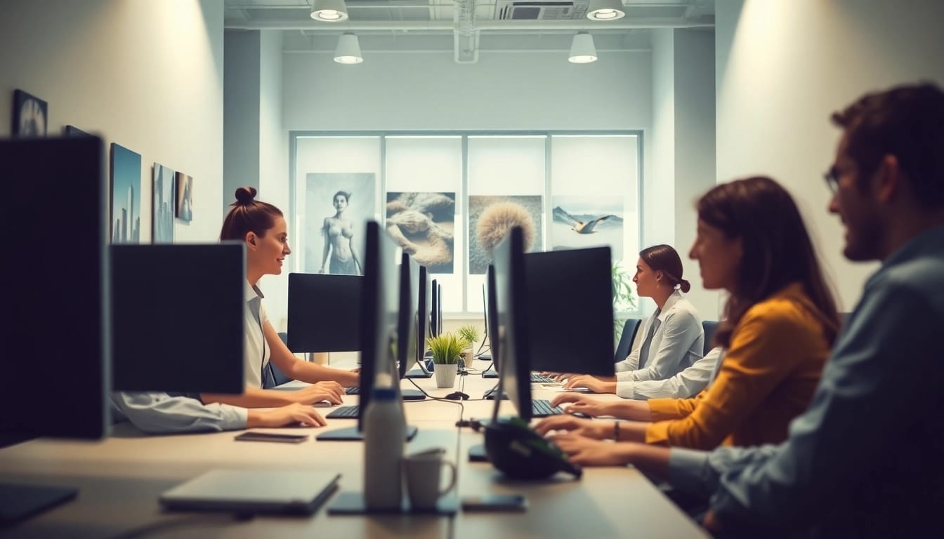 Motivierte Arbeitnehmer bei der Jobsuche für Stellenangebote in einem modernen Büro.