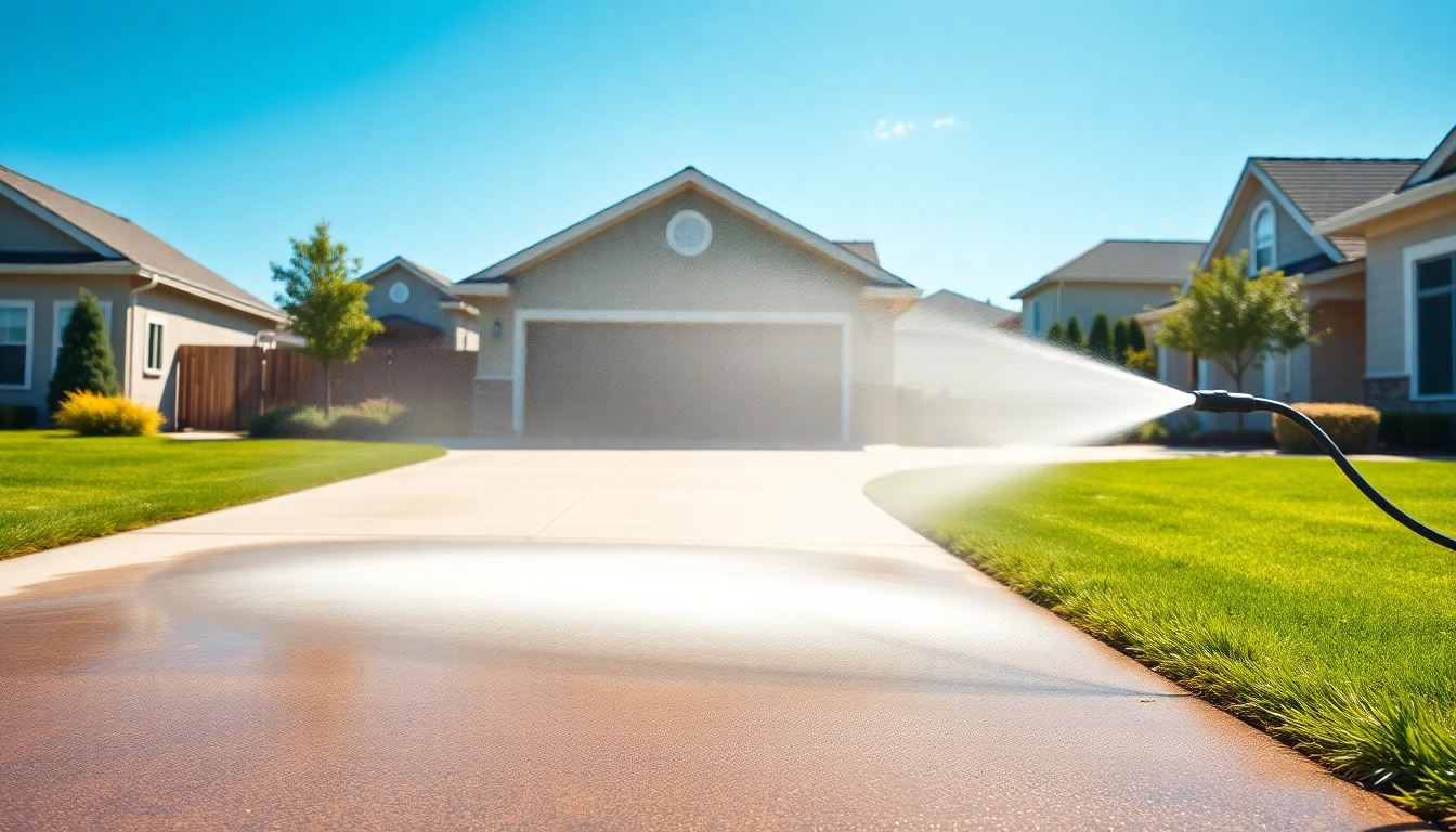 Driveway pressure wash in action, showcasing dirt removal and clean surfaces.