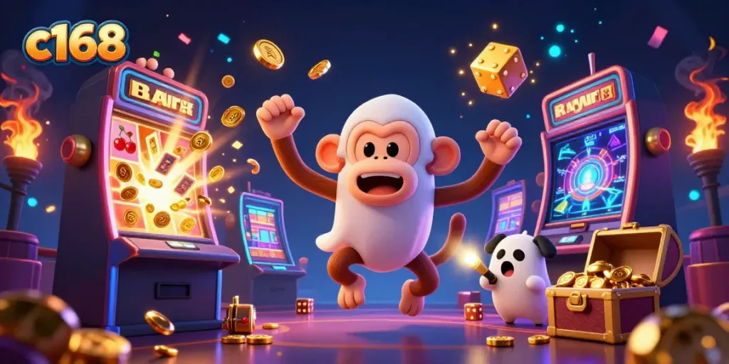 Engage with c168's exciting jackpot scene, featuring a lively poltergeist monkey and curious ghost-hunter puppy in a vibrant casino.