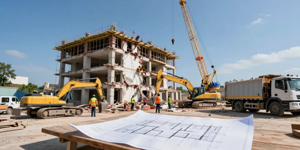Arbeiter im Abbruch mit Sicherheitsequipment und Maschinen bei Abbruch Kosten