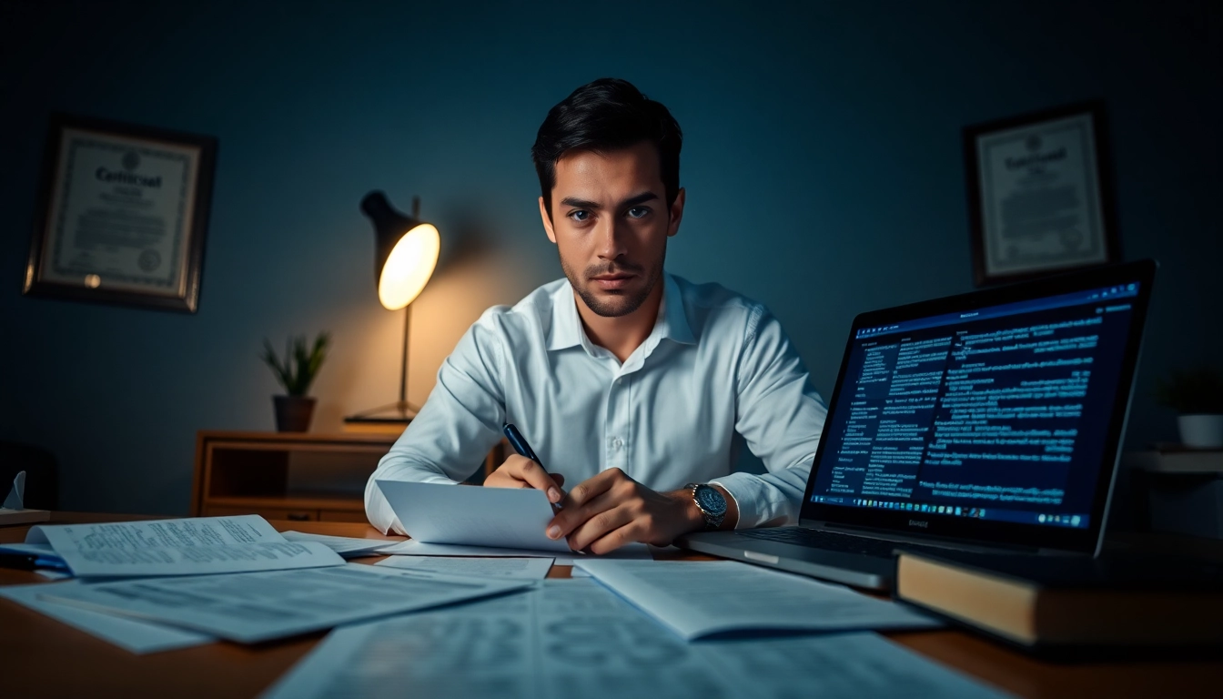 Vereidigter Übersetzer arbeitet professionell an beglaubigten Übersetzungen in einer ruhigen Büroumgebung.