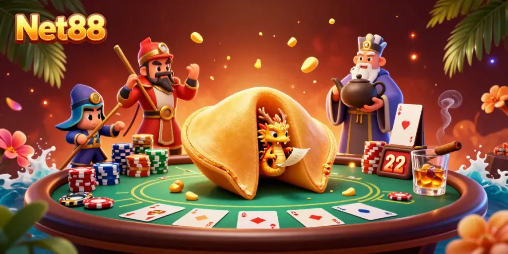 Engage with Net88's thrilling gambling experience featuring a joyful scene of fortune cookies and poker elements.