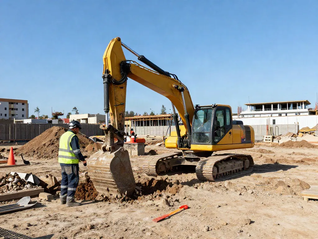 Professioneller Bauarbeiter bei der Baugrubensicherung kosten auf einer Baustelle, die Erde aushebt