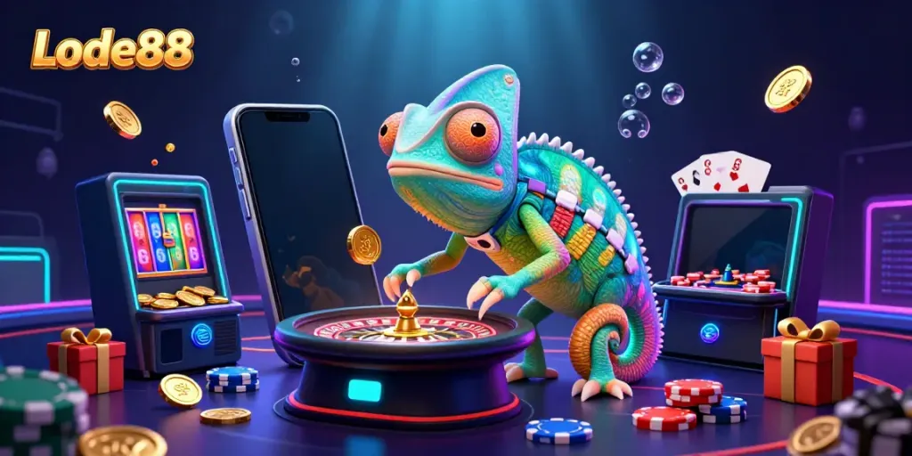 Experience thrilling games at Lode88 with a vibrant casino illustration featuring a colorful chameleon and slot games.