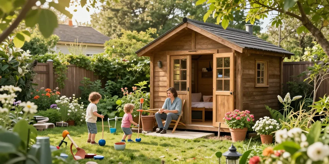 Gartenhaus Holz in einer idyllischen Gartenlandschaft mit spielenden Kindern und blühenden Pflanzen.