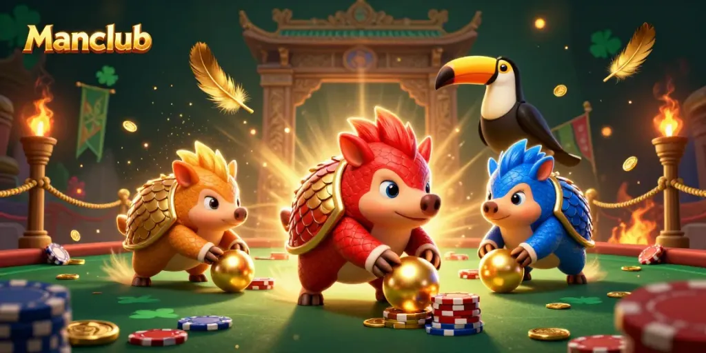Manclub features rival pangolins bowling through poker chips in an energetic casino scene.