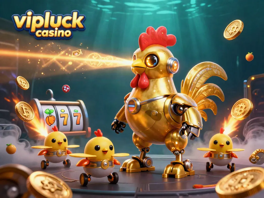 Experience thrilling gameplay at vipluck casino with a vibrant gold rooster robot and dynamic gaming elements.